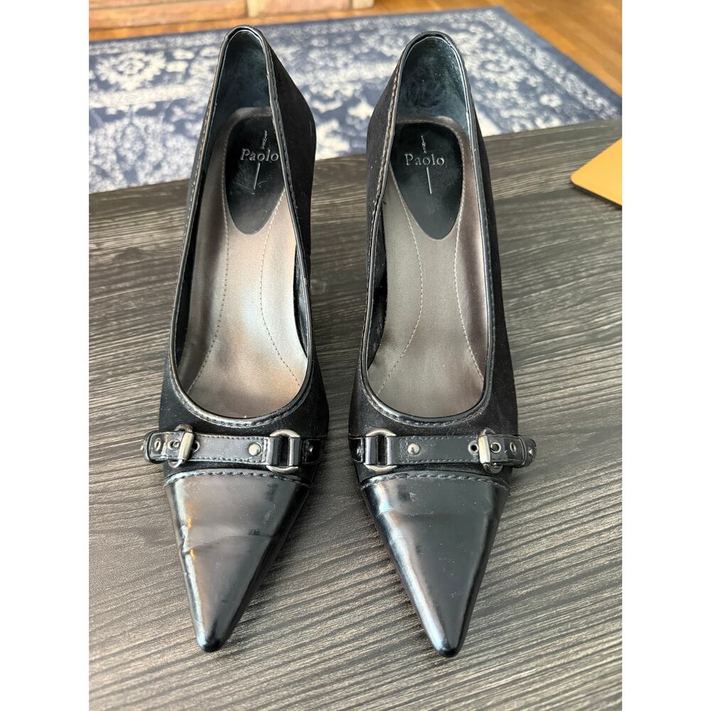 Linea Paola Y2K Suede and Patent Mini Leather Buckle Stiletto Heels Sz. 9